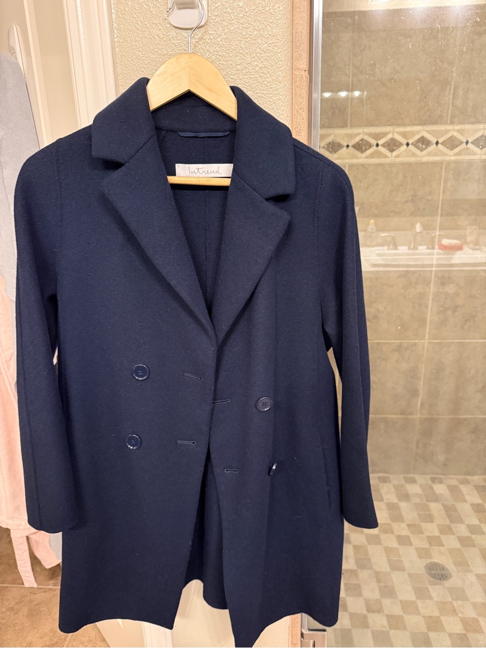 Intrend by Max Mara Group Navy Double-Breasted Wool Blend Coat